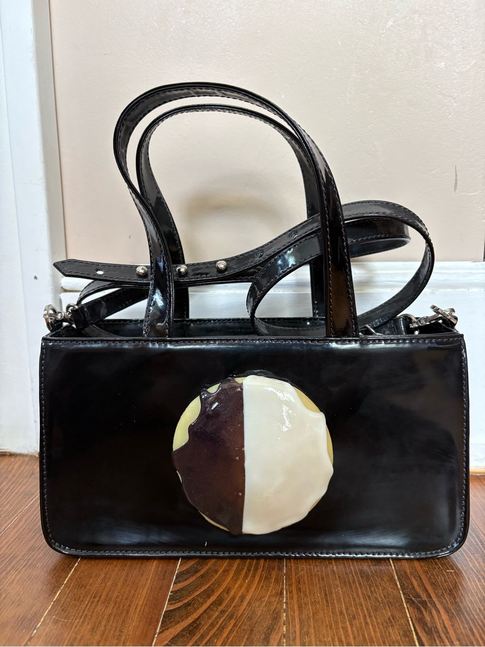 Puppets and Puppets Black Patent Shoulder Bag | Black and White Cookie